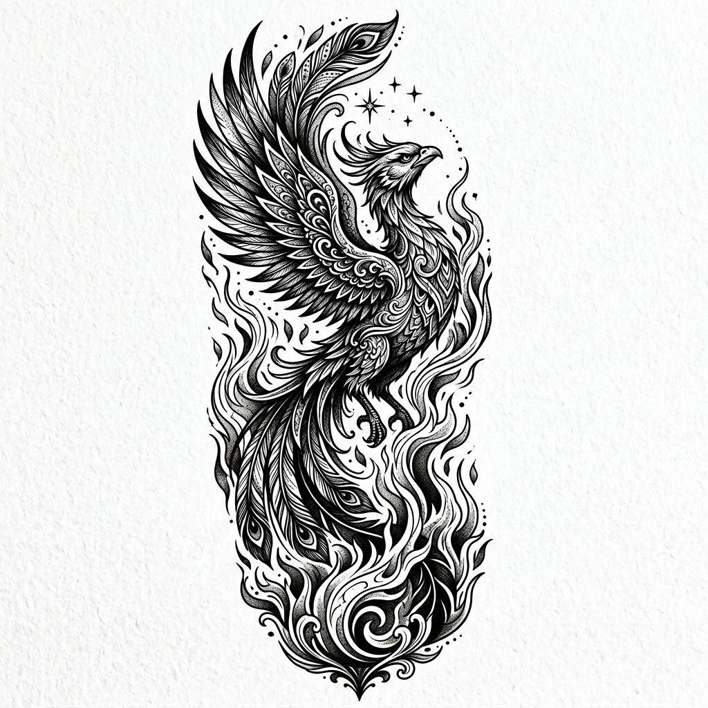 idée tatouage bras phénix sleeve premium, design sur fond blanc