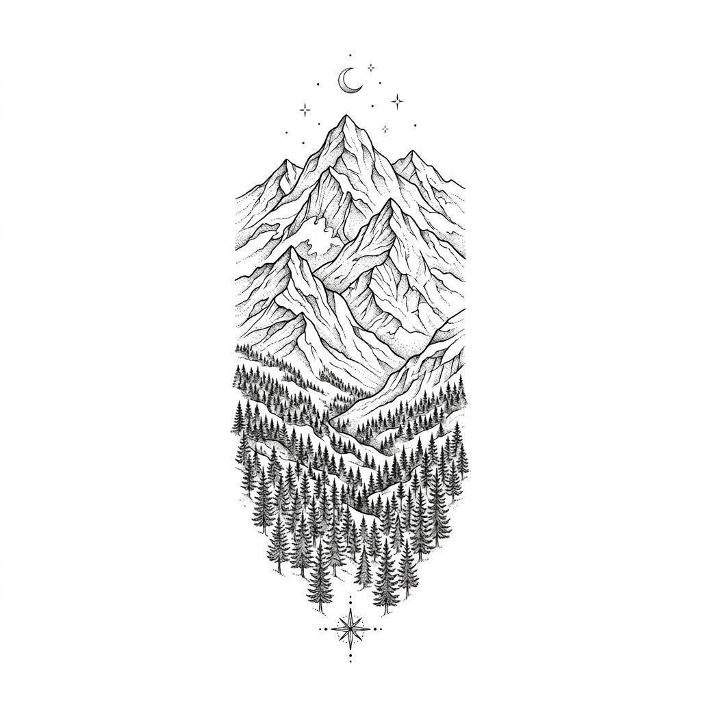 idée tatouage bras homme montagne fine line, design sur fond blanc