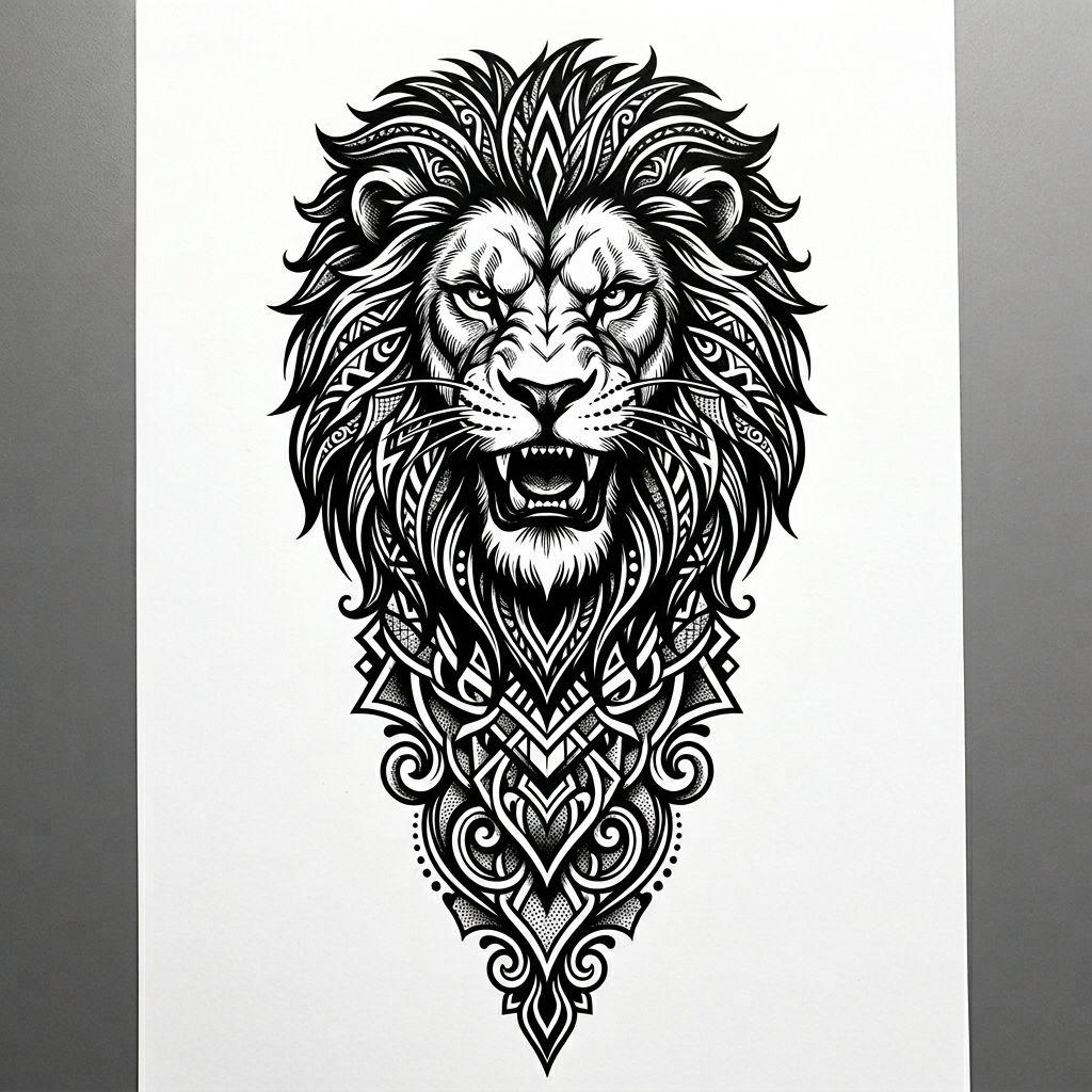idée tatouage bras homme lion blackwork, design sur fond blanc
