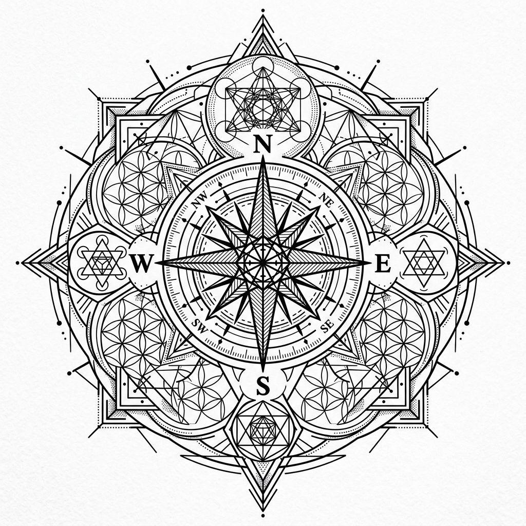 idée tatouage bras homme boussole géométrique, design sur fond blanc