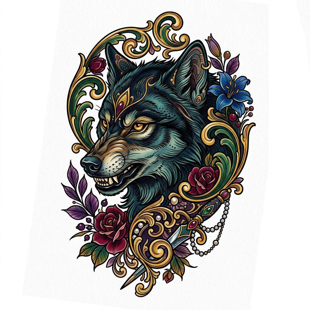 idée tatouage bras homme loup néo-traditionnel, design sur fond blanc