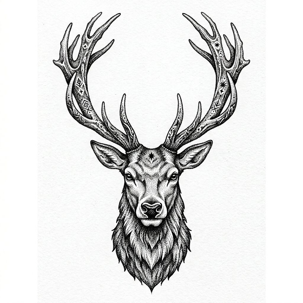 idée tatouage bras homme cerf dotwork, design sur fond blanc