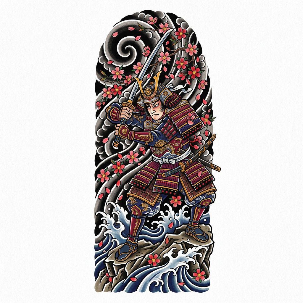 idée tatouage bras homme samouraï japonais, design sur fond blanc