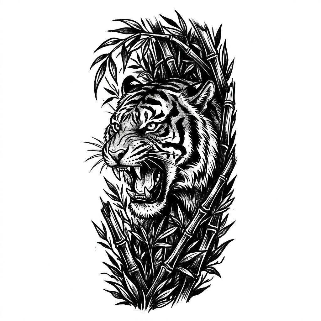 idée tatouage bras homme tigre puissant, design sur fond blanc