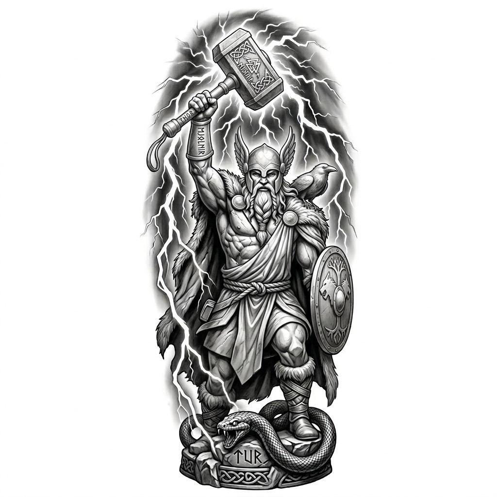 idée tatouage bras homme thor mythologique, design sur fond blanc