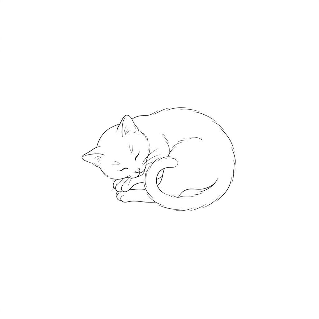 idée tatouage chat chat fine line endormi, design sur fond blanc