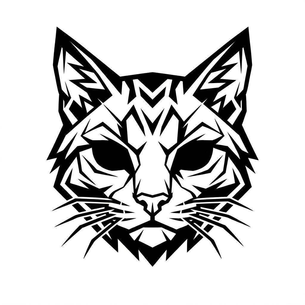 idée tatouage chat tete de chat blackwork, design sur fond blanc