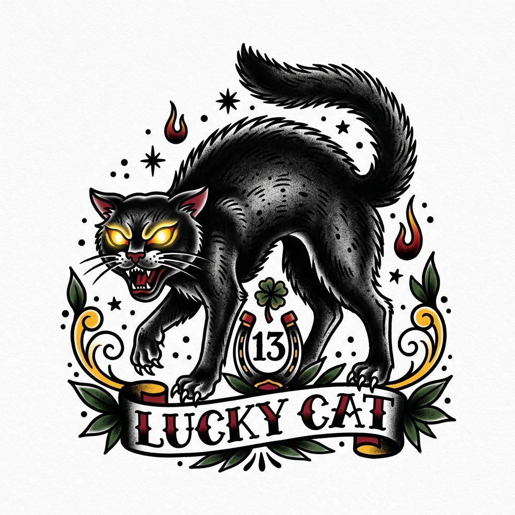 idée tatouage chat chat noir old school, design sur fond blanc