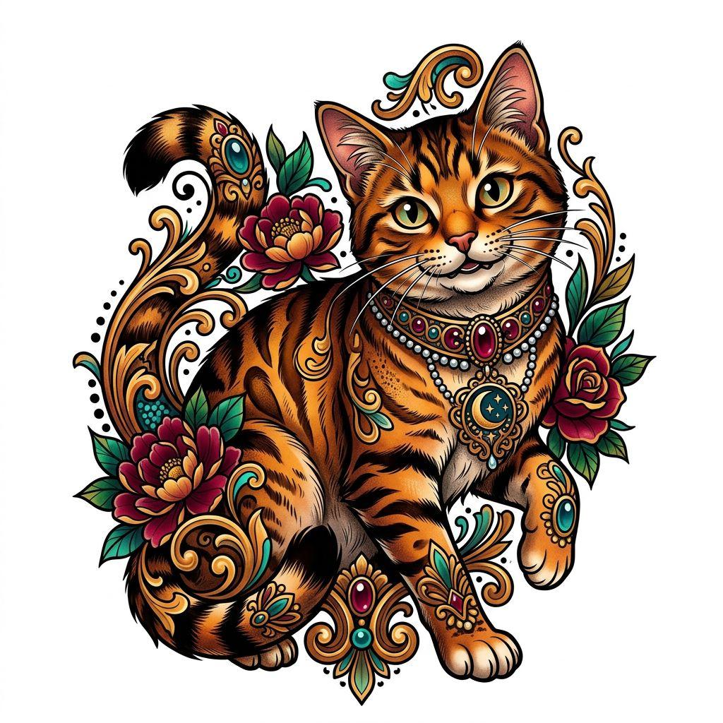 idée tatouage chat chat curieux néo-traditionnel, design sur fond blanc