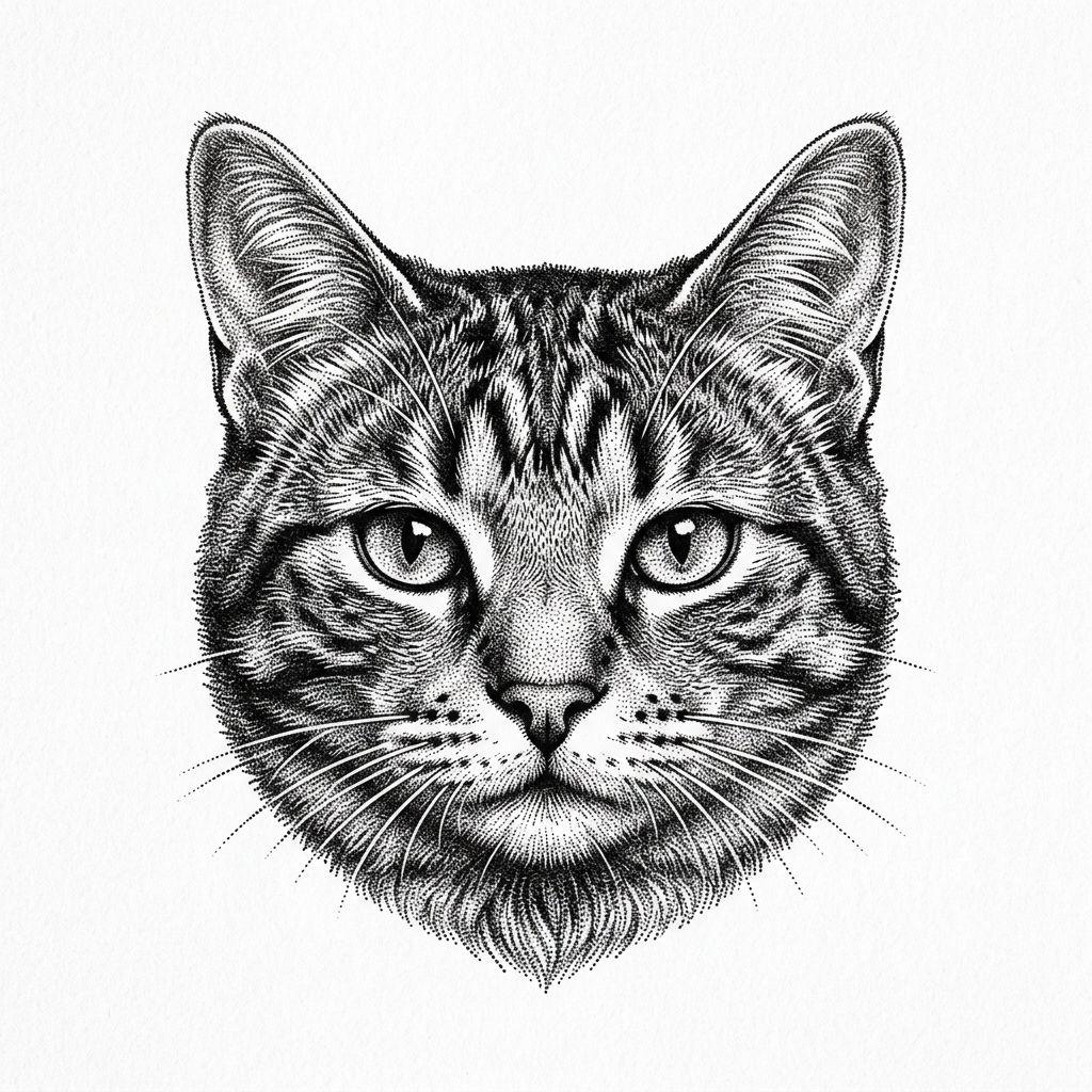 idée tatouage chat chat dotwork stippling, design sur fond blanc