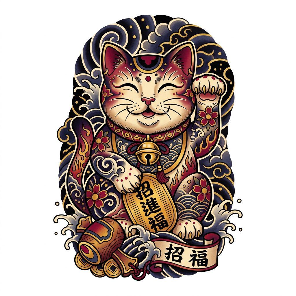 idée tatouage chat chat japonais maneki-neko, design sur fond blanc