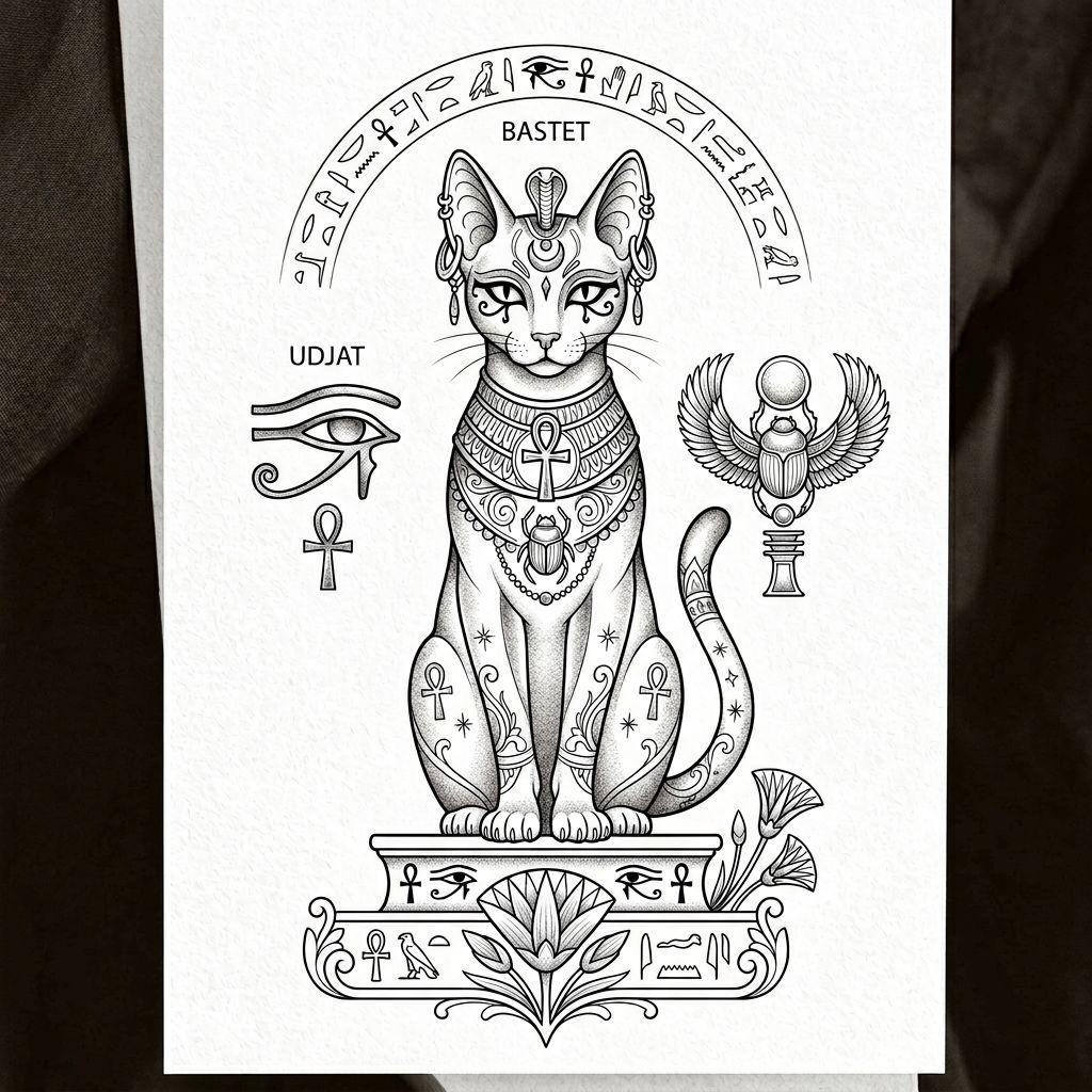 idée tatouage chat chat egyptien bastet, design sur fond blanc