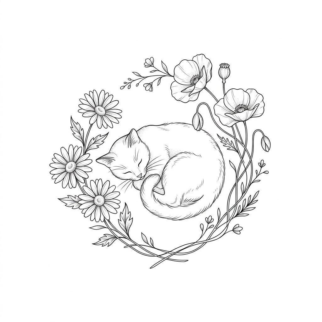 idée tatouage chat chat dans les fleurs floral, design sur fond blanc