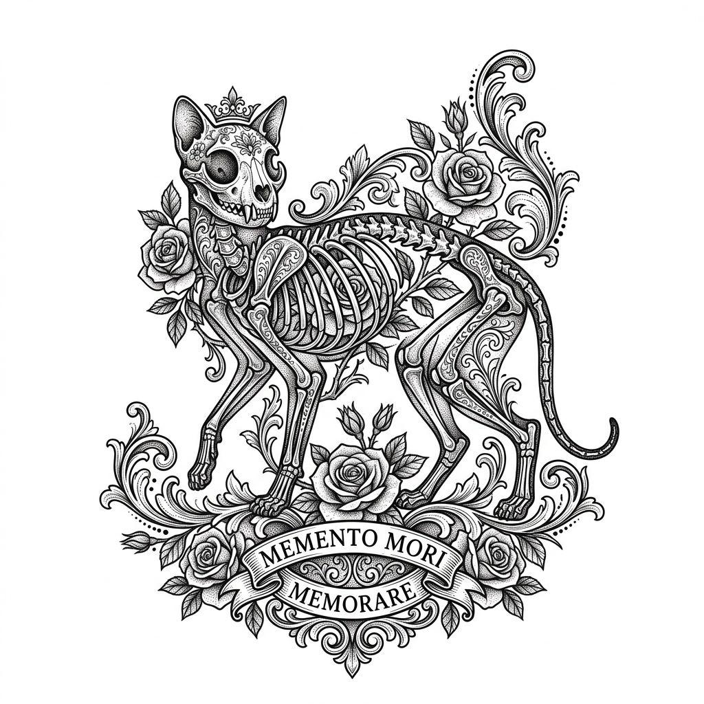 idée tatouage chat chat squelette ornemental, design sur fond blanc