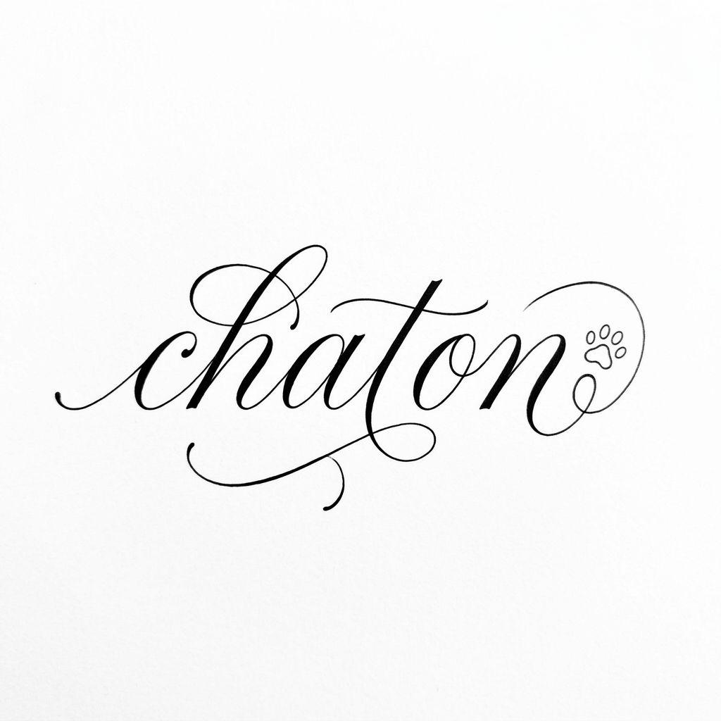 idée tatouage chat lettrage chaton cursive, design sur fond blanc