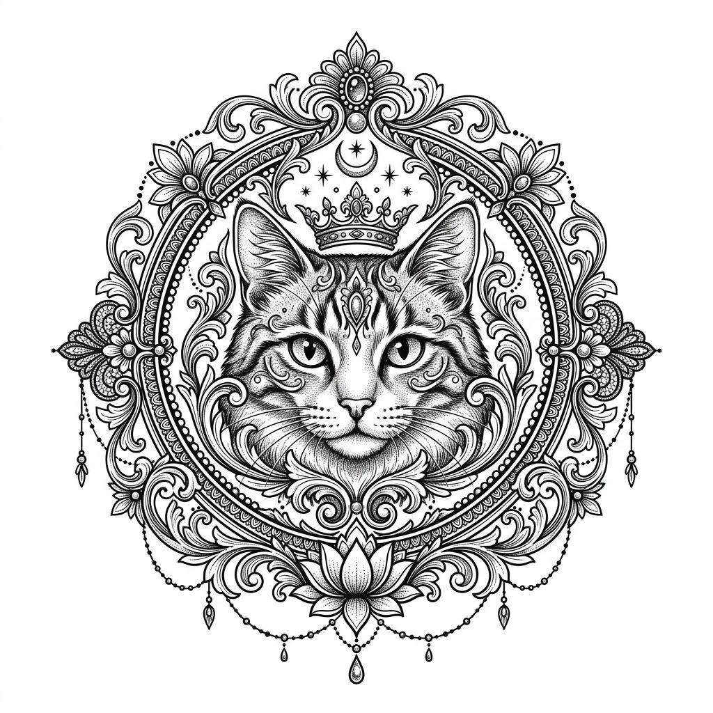 idée tatouage chat chat mandala ornemental, design sur fond blanc