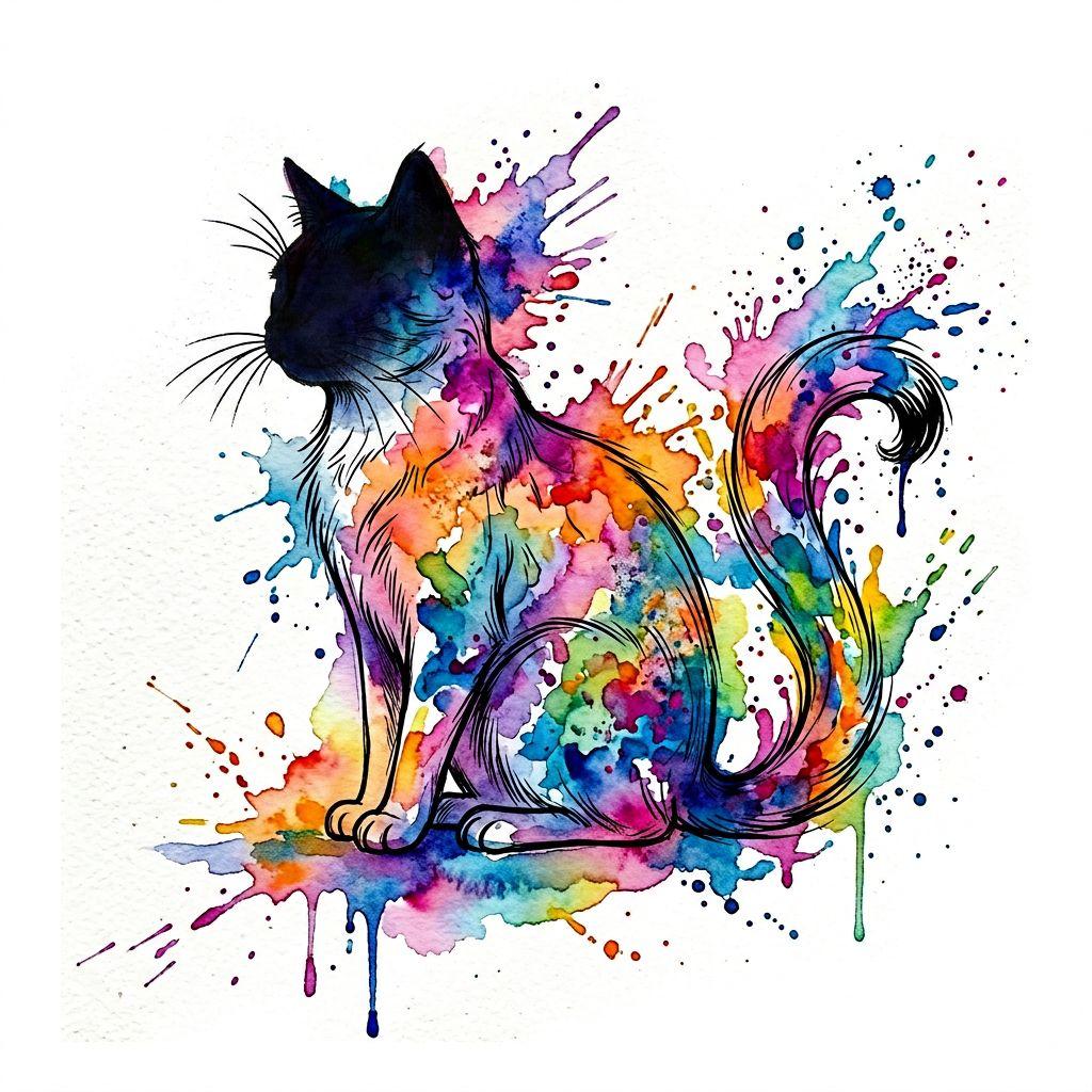 idée tatouage chat chat aquarelle splash, design sur fond blanc