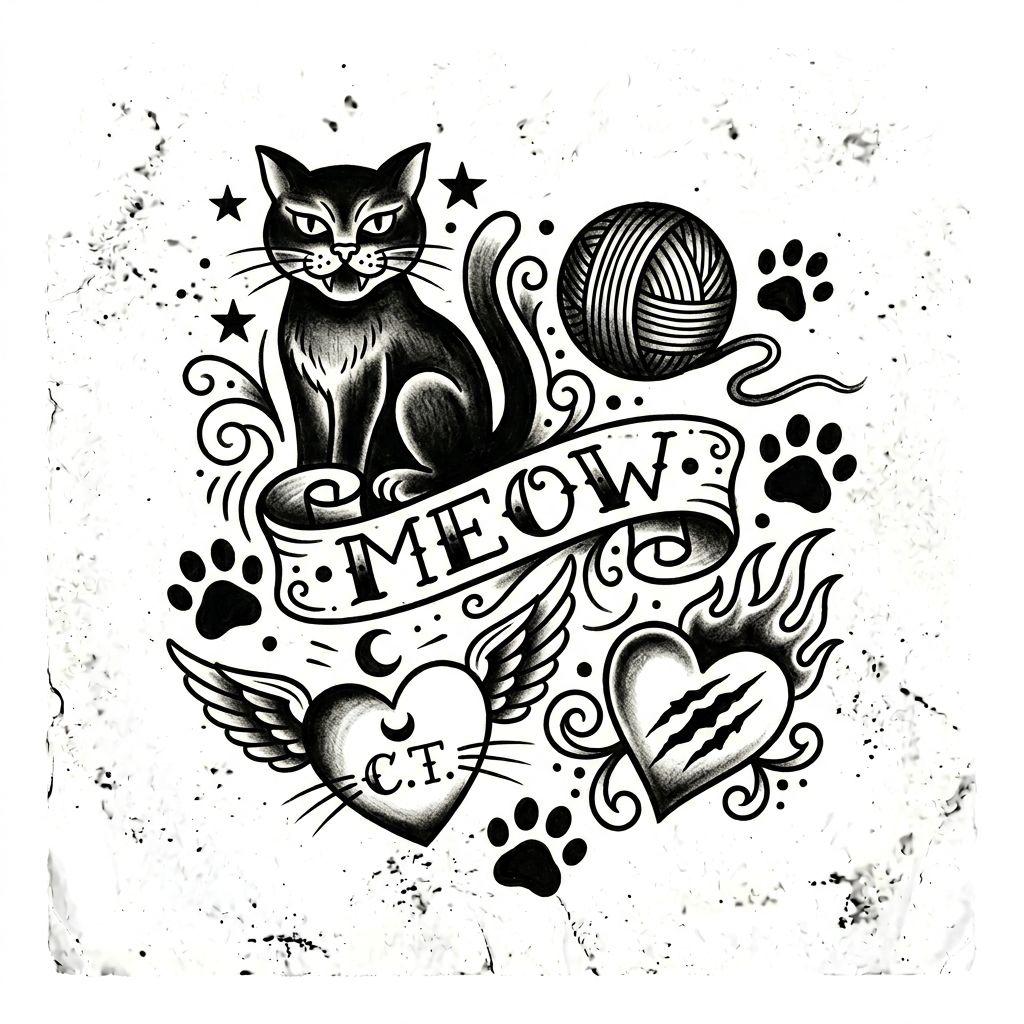 idée tatouage chat patchwork chats vintage, design sur fond blanc