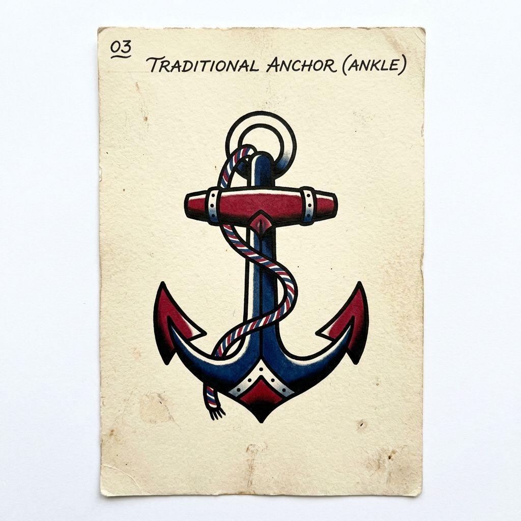 idée tatouage cheville ancre old school, design sur fond blanc