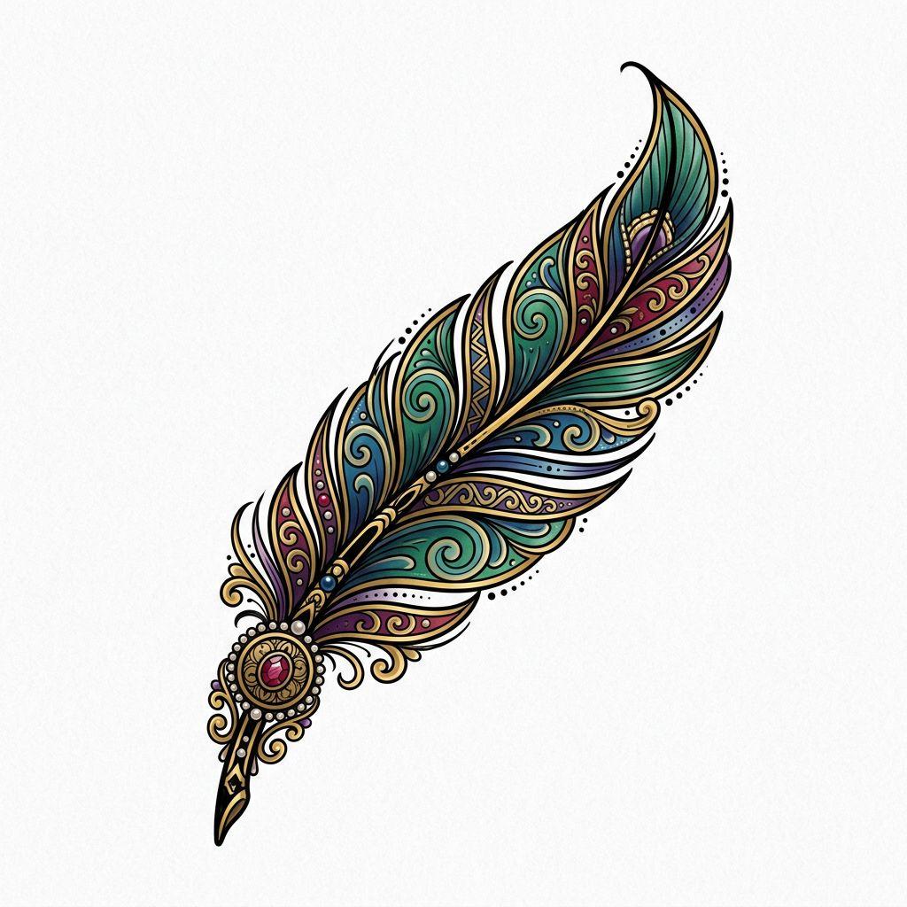 idée tatouage cheville plume néo-traditionnelle, design sur fond blanc
