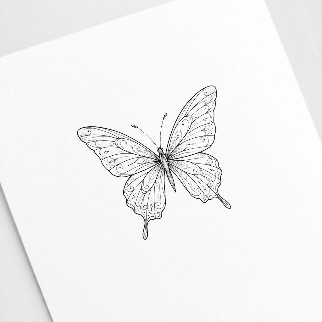 idée tatouage cheville femme papillon fine line, design sur fond blanc