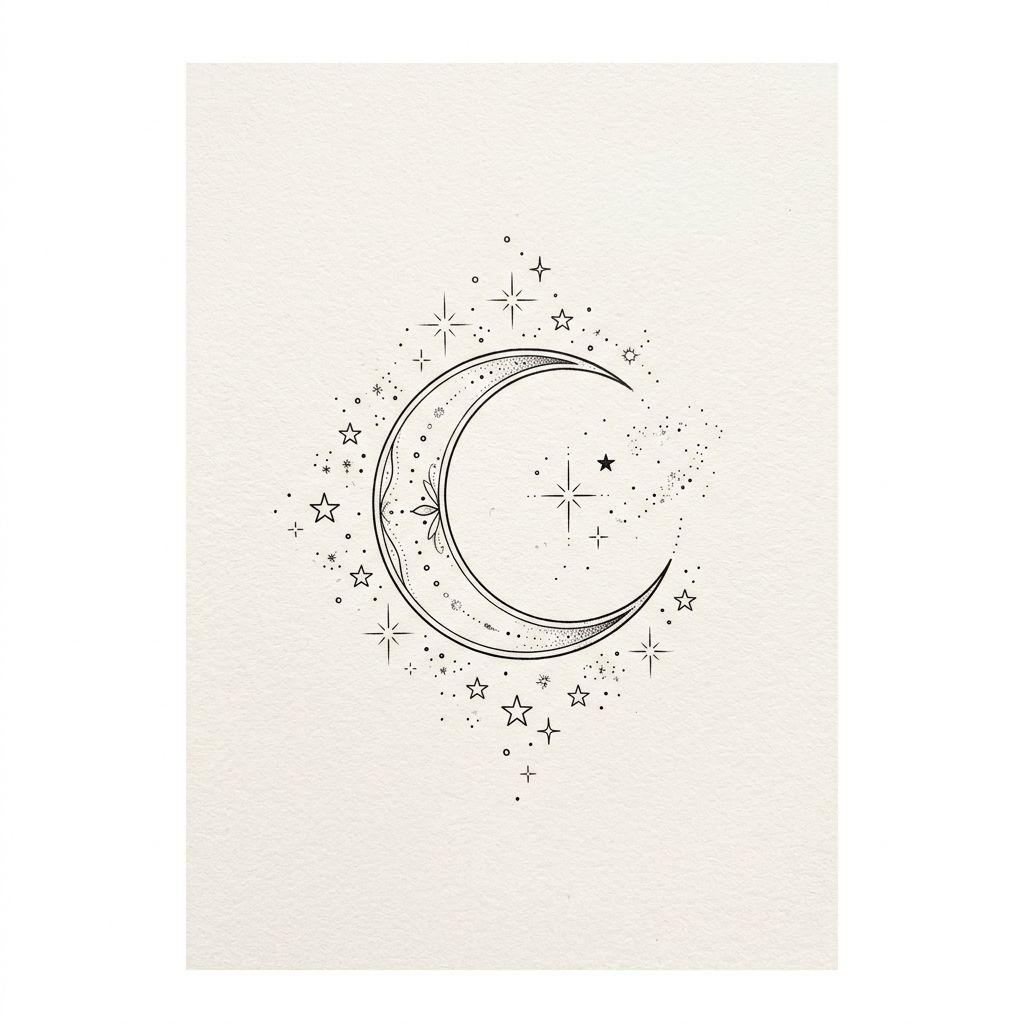 idée tatouage cheville femme lune et étoiles, design sur fond blanc