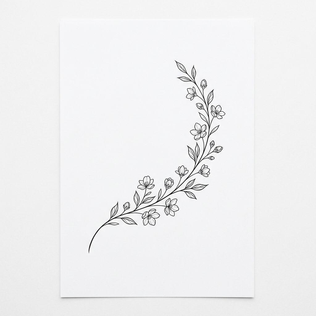 idée tatouage cheville femme branche fleurie fine, design sur fond blanc