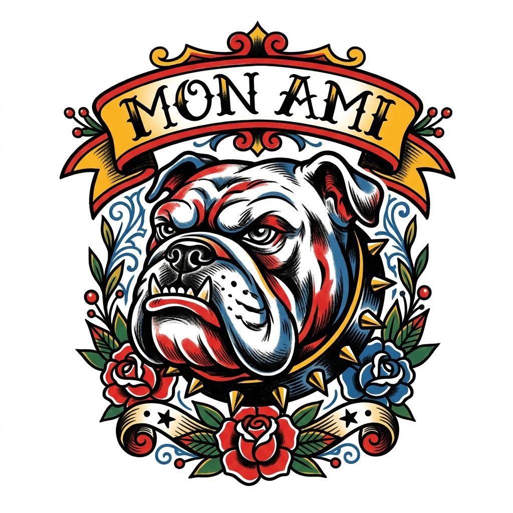 idée tatouage chien chien old school, design sur fond blanc