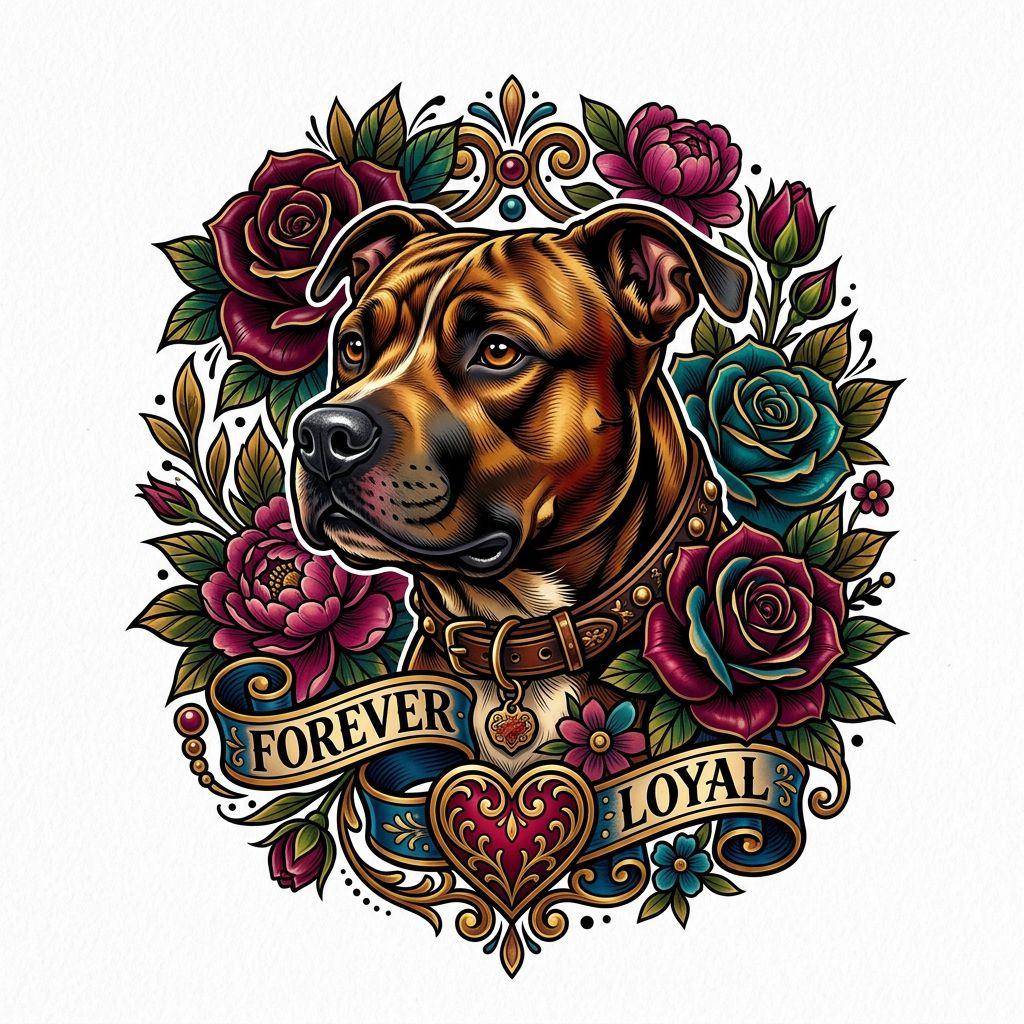 idée tatouage chien chien néo-traditionnel, design sur fond blanc