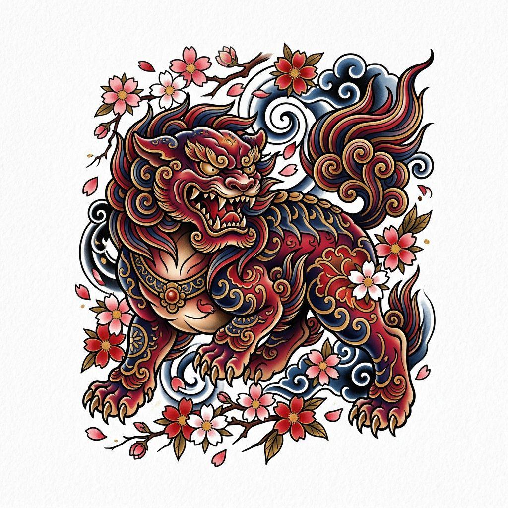 idée tatouage chien chien japonais, design sur fond blanc