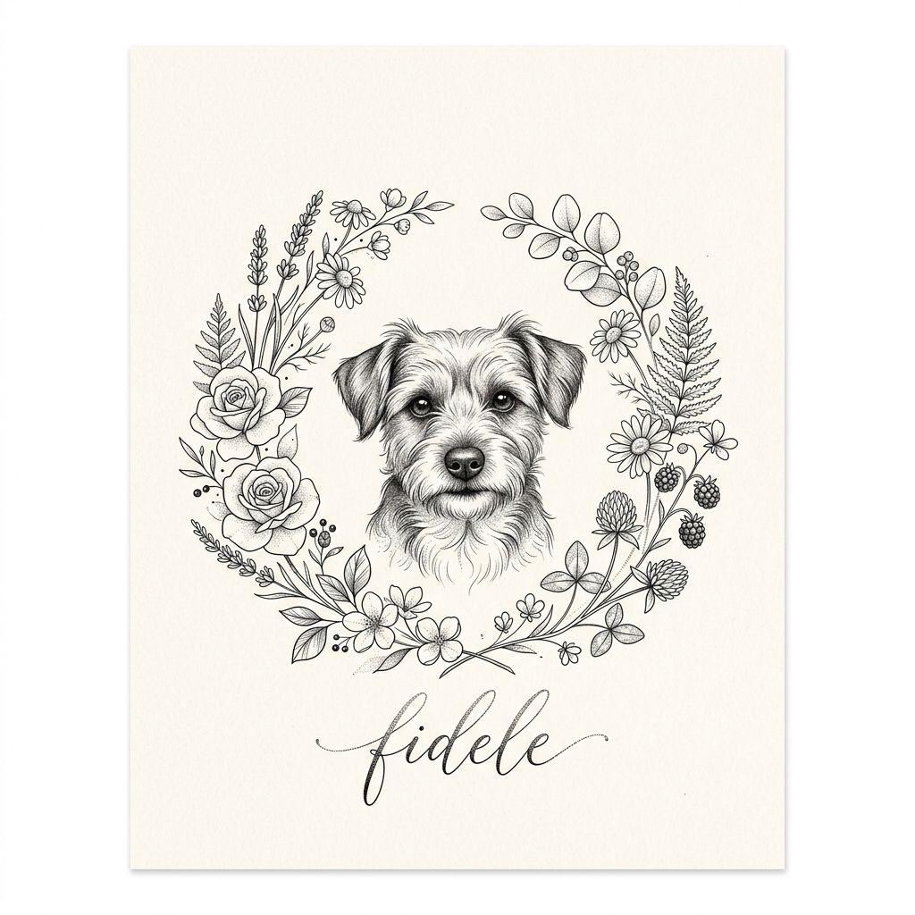 idée tatouage chien chien et fleurs, design sur fond blanc