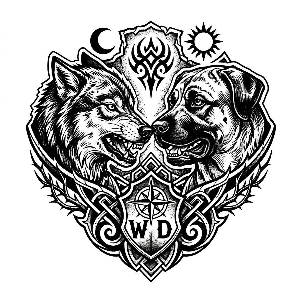idée tatouage chien loup et chien blackwork, design sur fond blanc