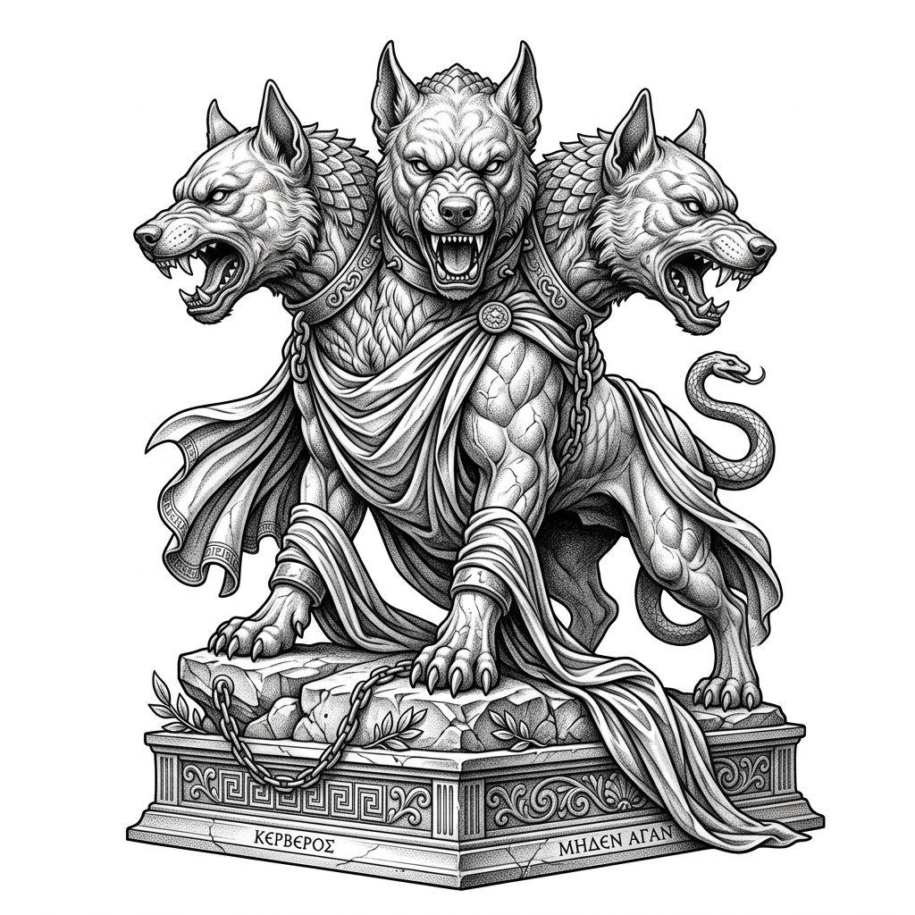 idée tatouage chien cerbère mythologique, design sur fond blanc