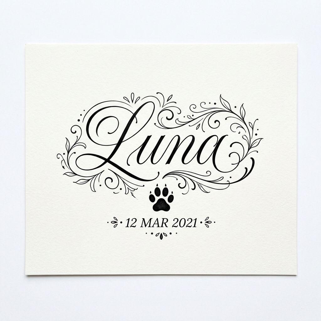 idée tatouage chien lettrage prénom chien, design sur fond blanc