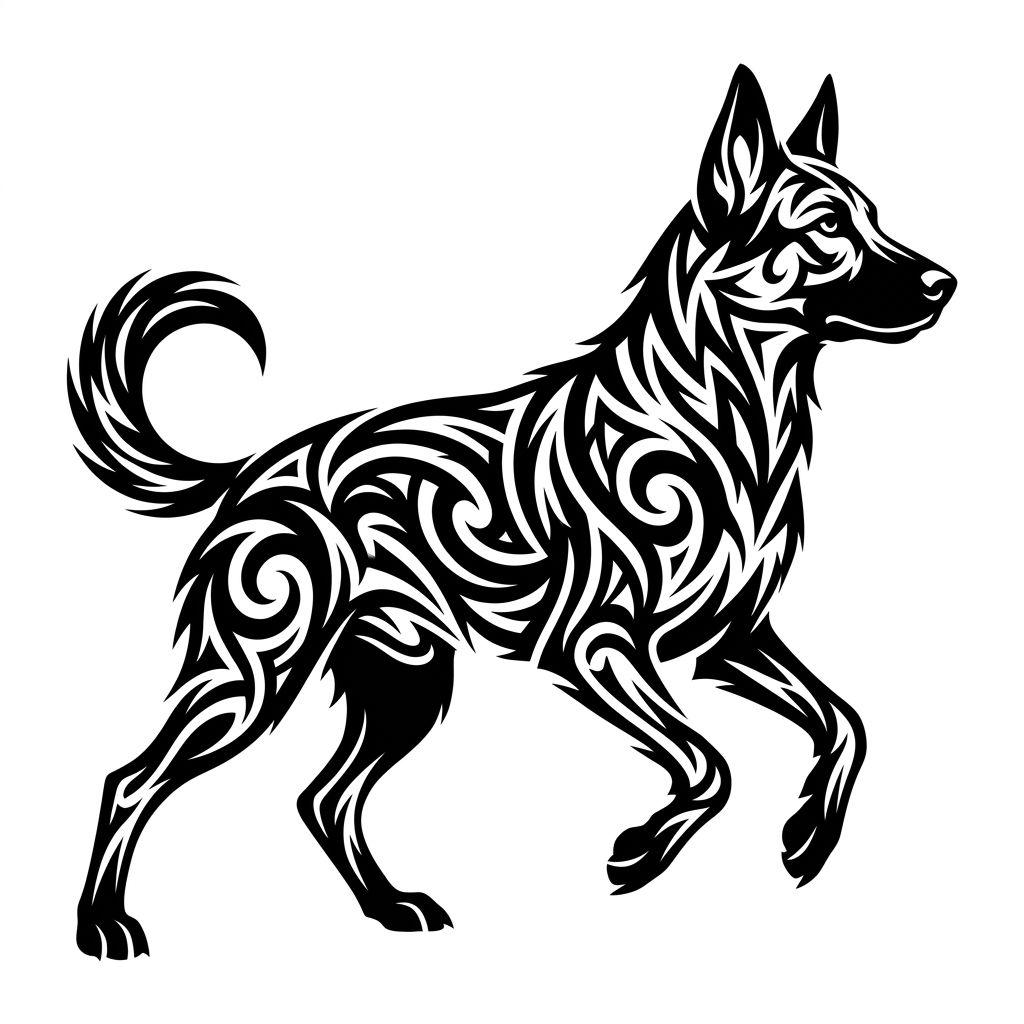 idée tatouage chien chien tribal, design sur fond blanc