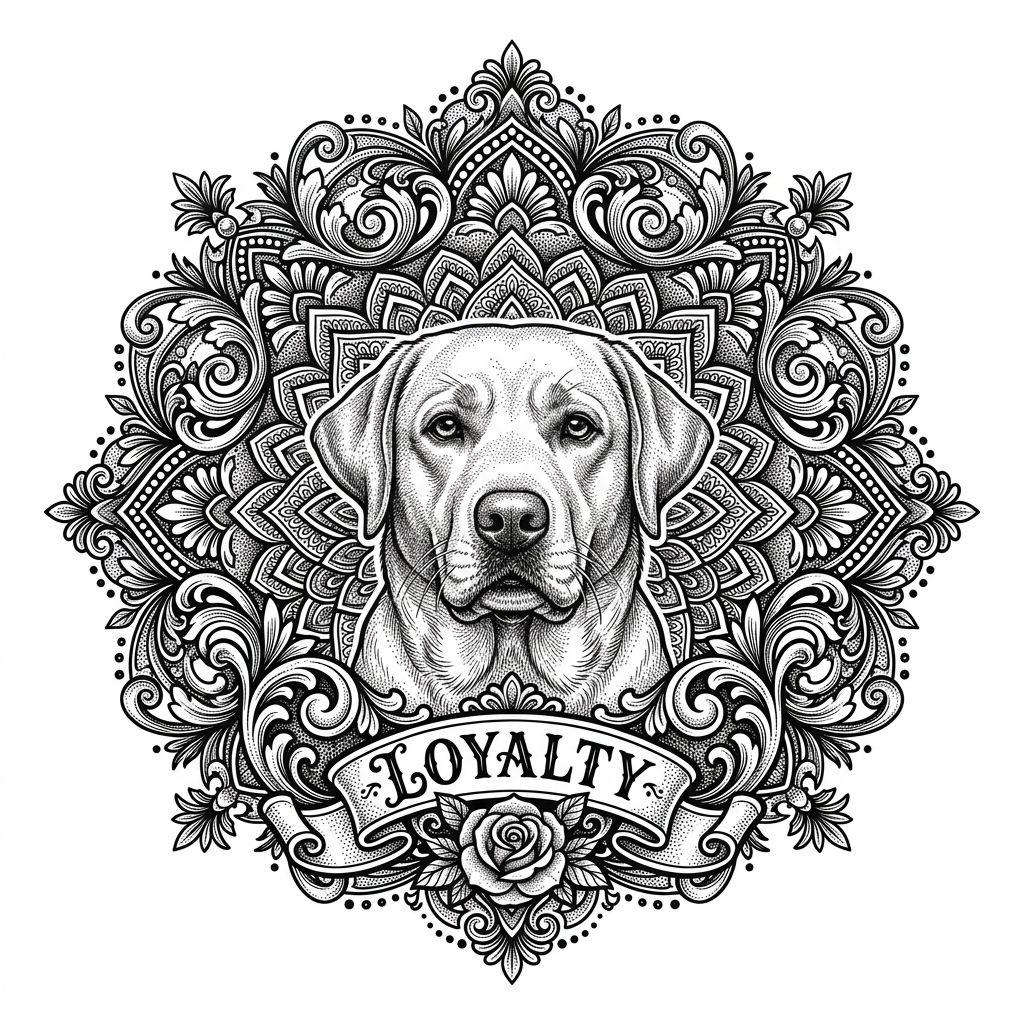 idée tatouage chien mandala chien, design sur fond blanc