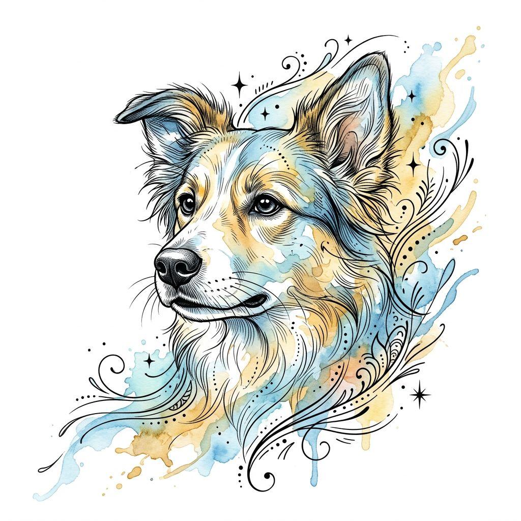idée tatouage chien chien aquarelle, design sur fond blanc
