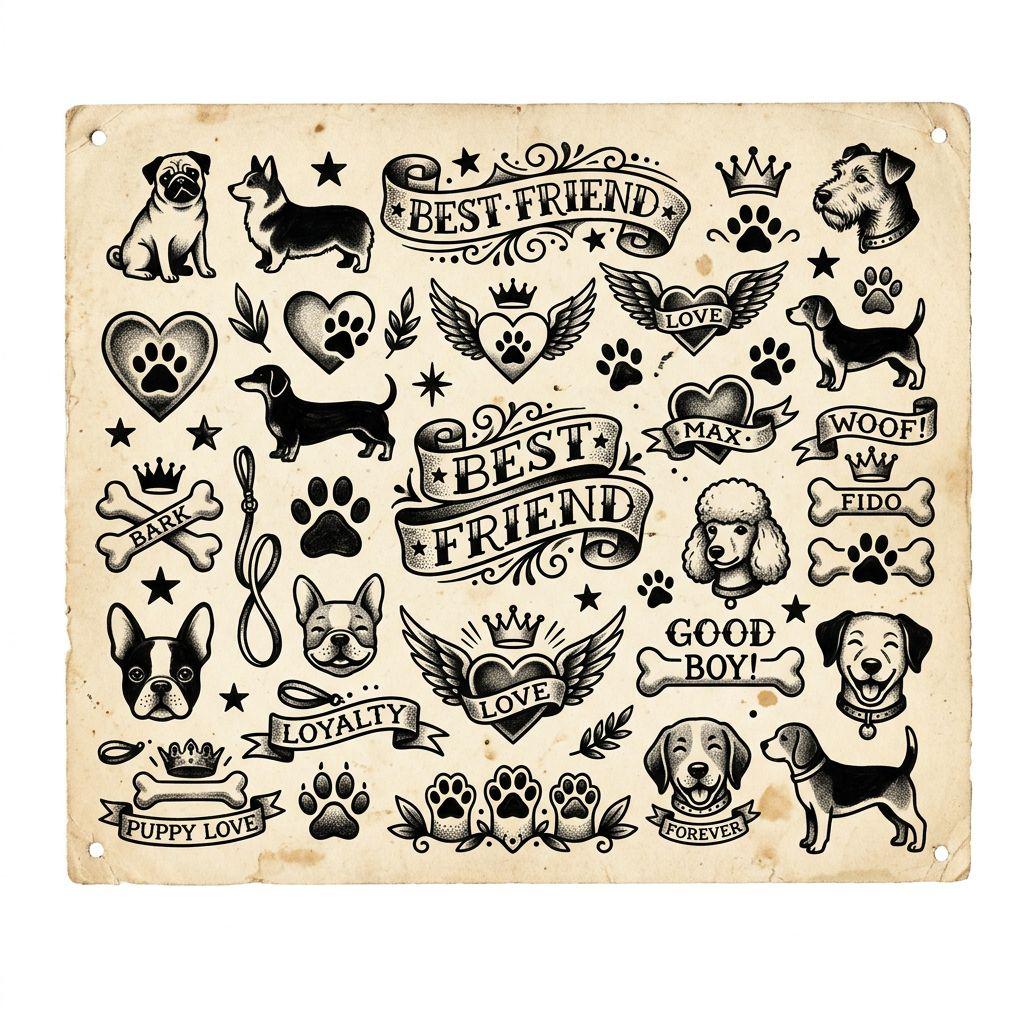 idée tatouage chien patchwork chiens flash, design sur fond blanc
