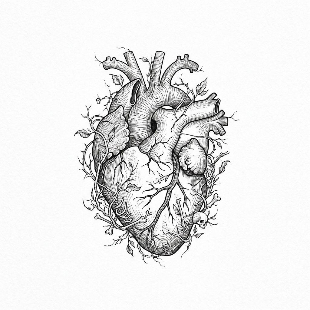 idée tatouage coeur coeur fine line anatomique, design sur fond blanc