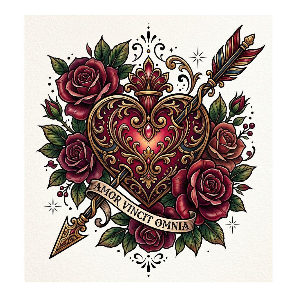 idée tatouage coeur coeur néo-traditionnel ornemental, design sur fond blanc