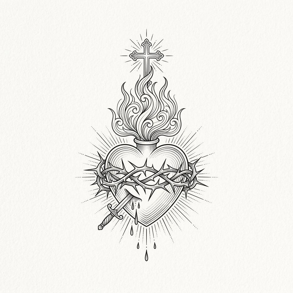 idée tatouage coeur coeur sacre catholique, design sur fond blanc