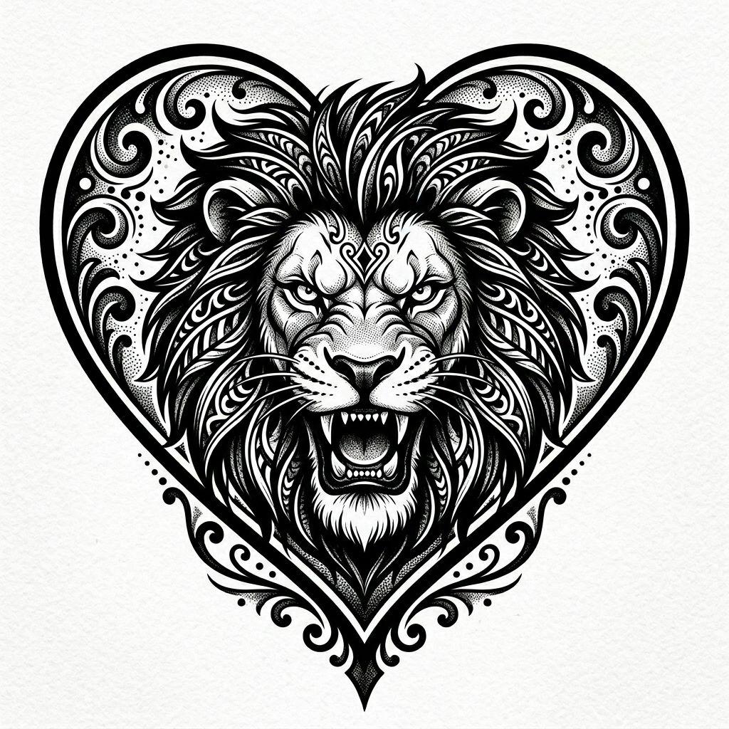 idée tatouage coeur lion coeur blackwork, design sur fond blanc