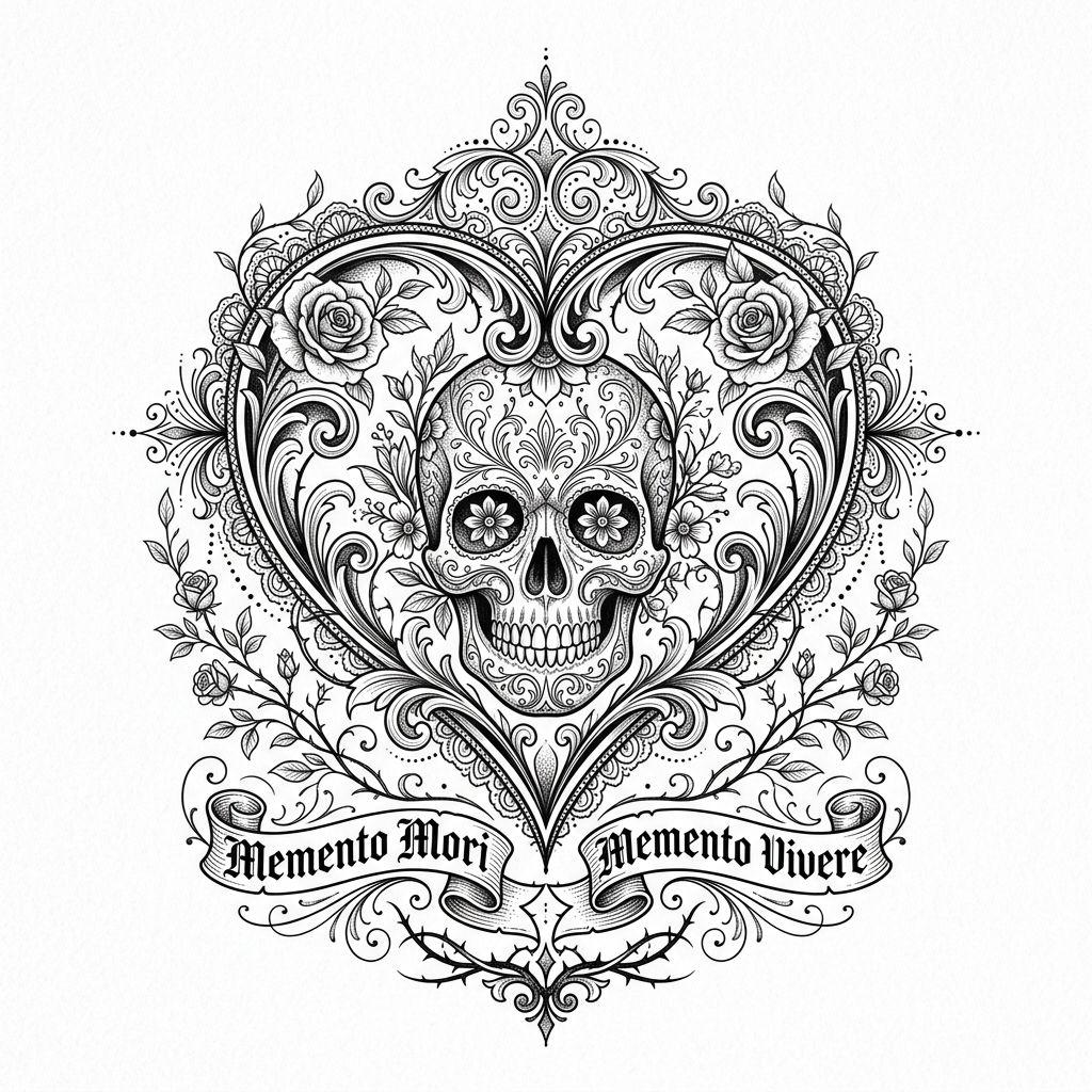 idée tatouage coeur crane coeur ornemental, design sur fond blanc