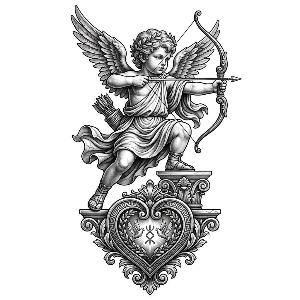 idée tatouage coeur cupidon mythologique, design sur fond blanc