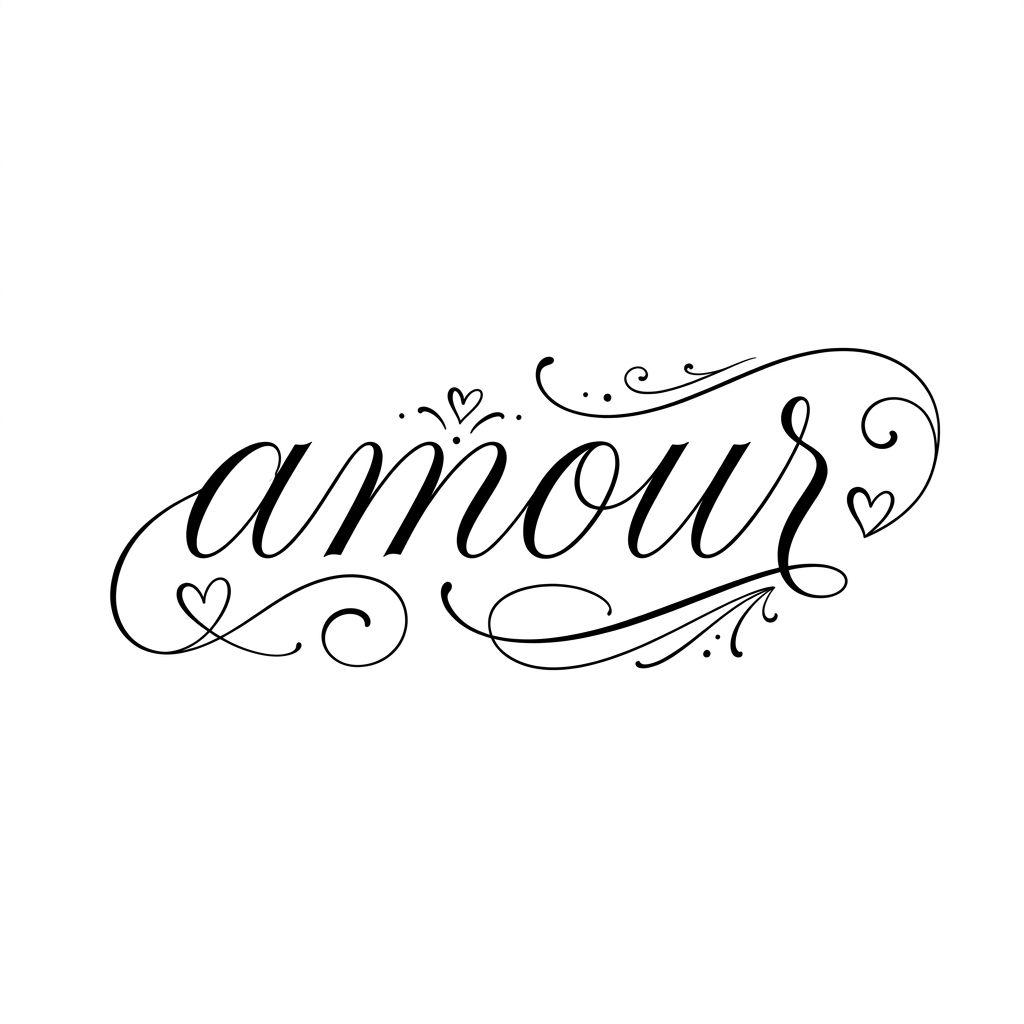 idée tatouage coeur lettrage 'amour' cursive, design sur fond blanc