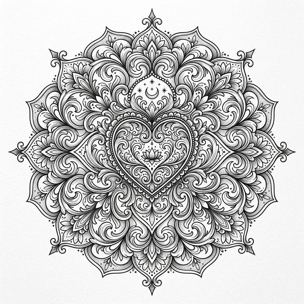 idée tatouage coeur mandala coeur ornemental, design sur fond blanc
