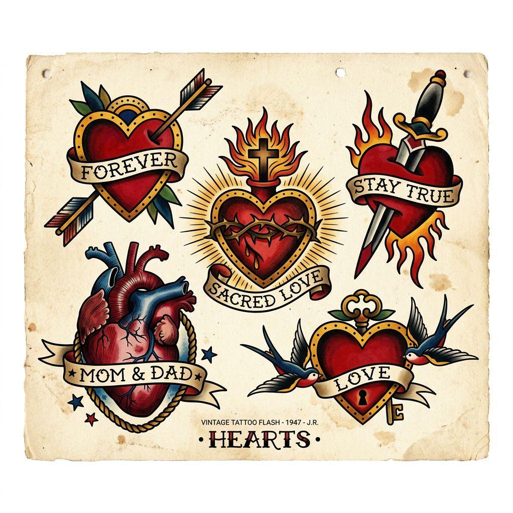idée tatouage coeur patchwork coeurs vintage, design sur fond blanc