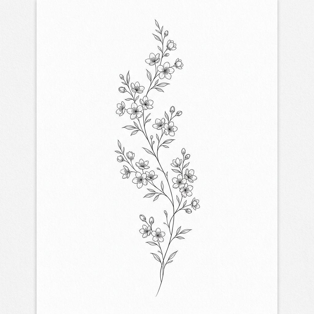 idée tatouage colonne vertébrale branche florale fine line, design sur fond blanc