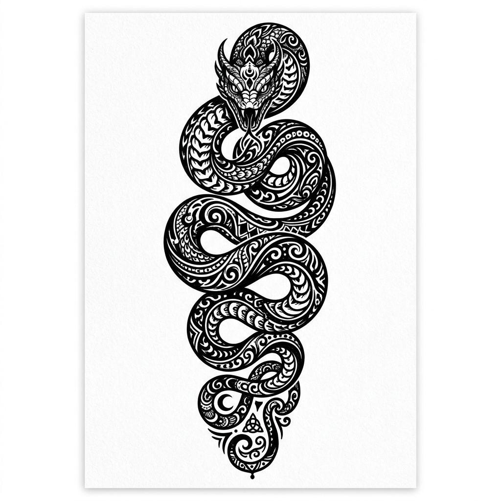 idée tatouage colonne vertébrale serpent blackwork, design sur fond blanc