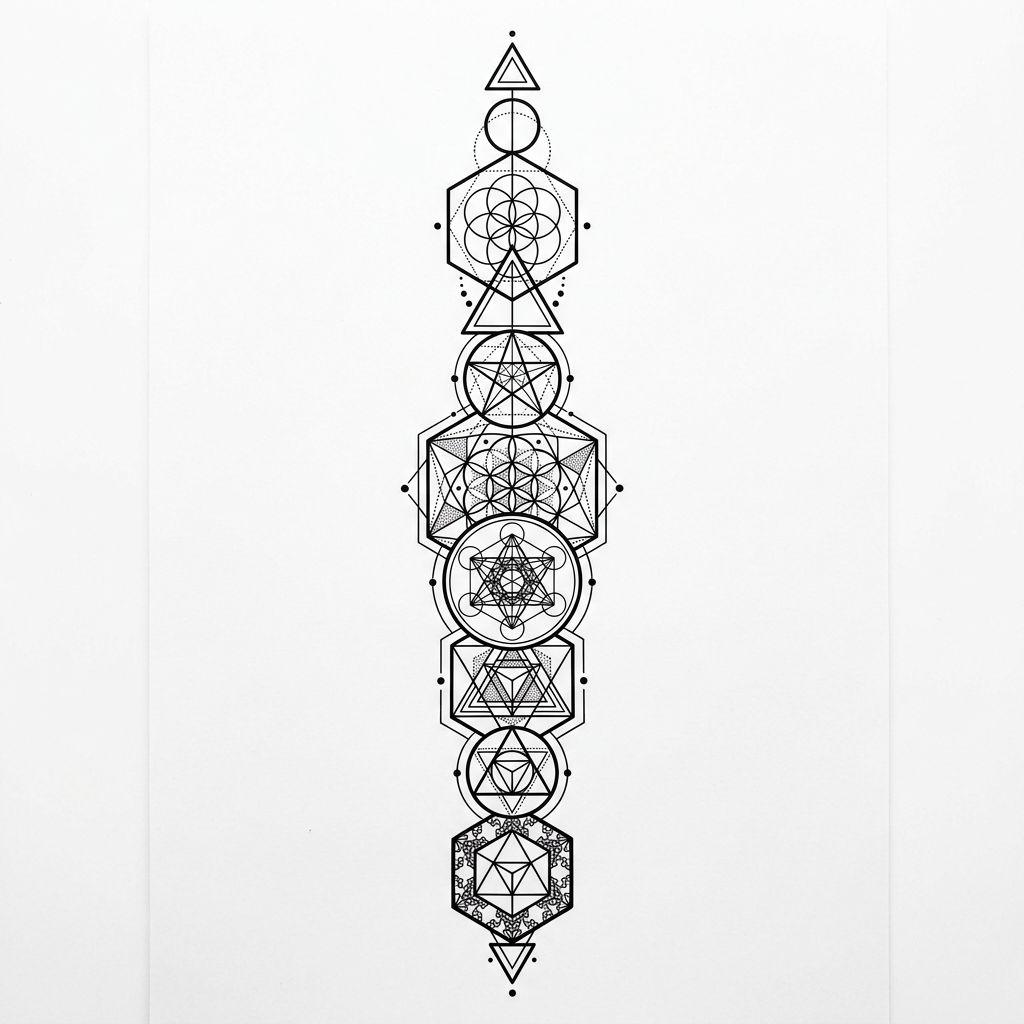 idée tatouage colonne vertébrale composition géométrique sacrée, design sur fond blanc